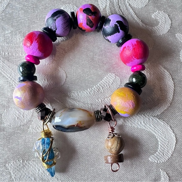 Artisan Charm Bracelet Montana Moss Agate Hand Painted Wood Beads, Glass 00815 P - Picture 5 of 9